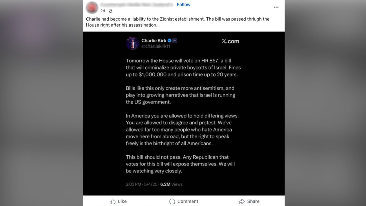 Zionist plot theory over Charlie Kirk death, on Facebook