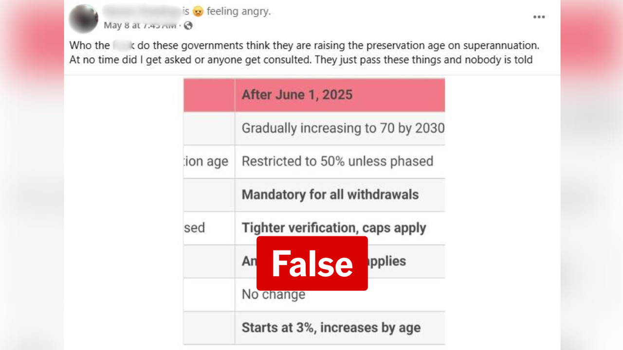 Screenshot of a Facebook post with false claims about superannuation.