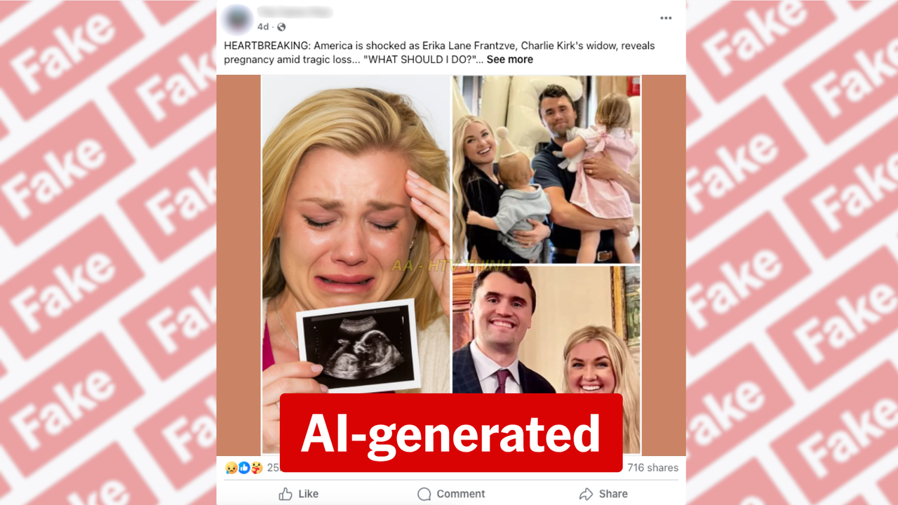 Facebook post claiming Charlie Kirk's wife is pregnant has AI image.