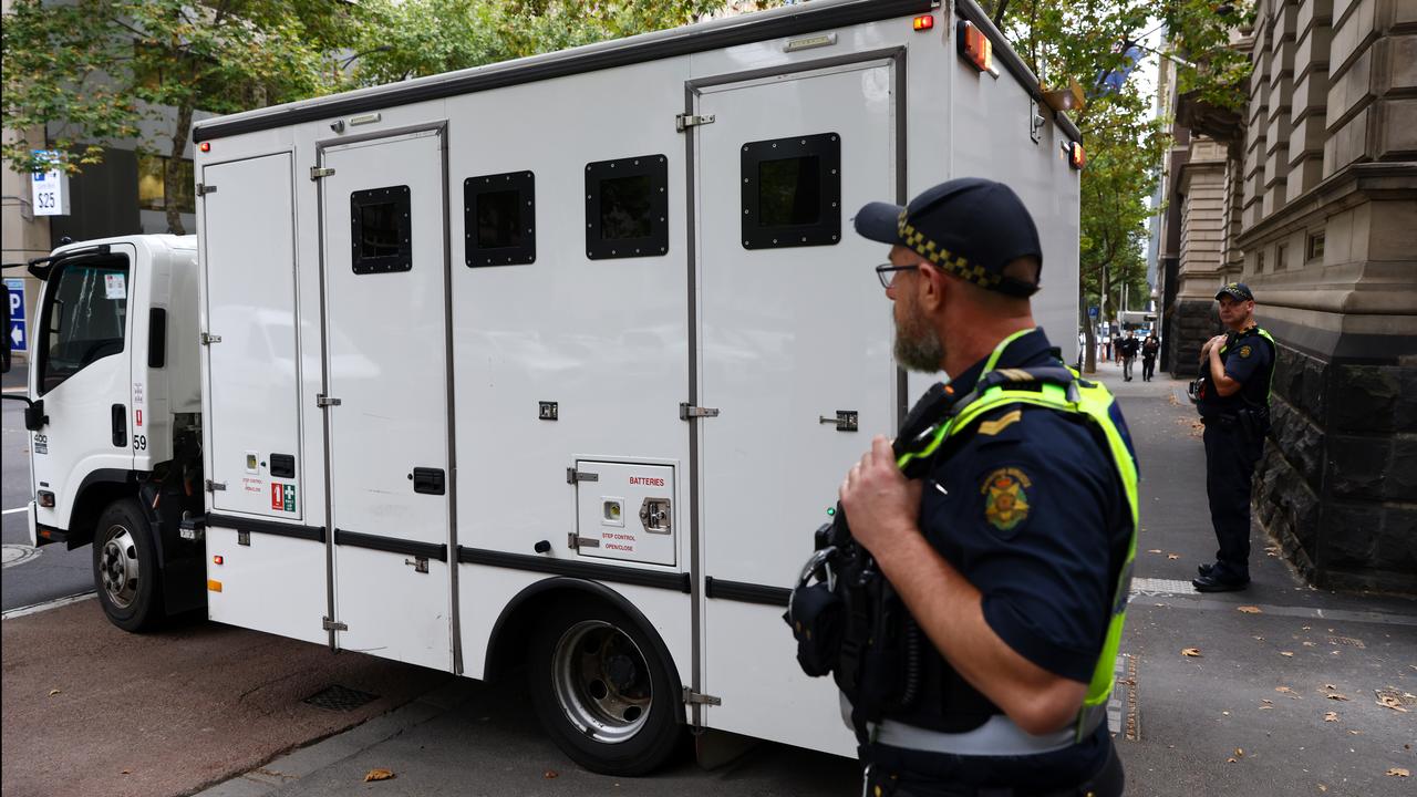 A prisoner van arrives at Melbourne Supreme Court February 16, 2024