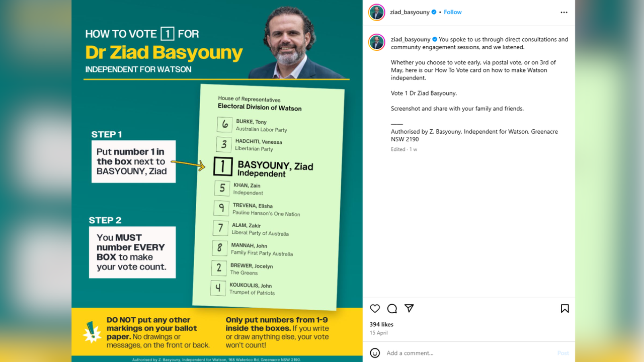 Instagram post of candidate Ziad Basyouny's election preferences