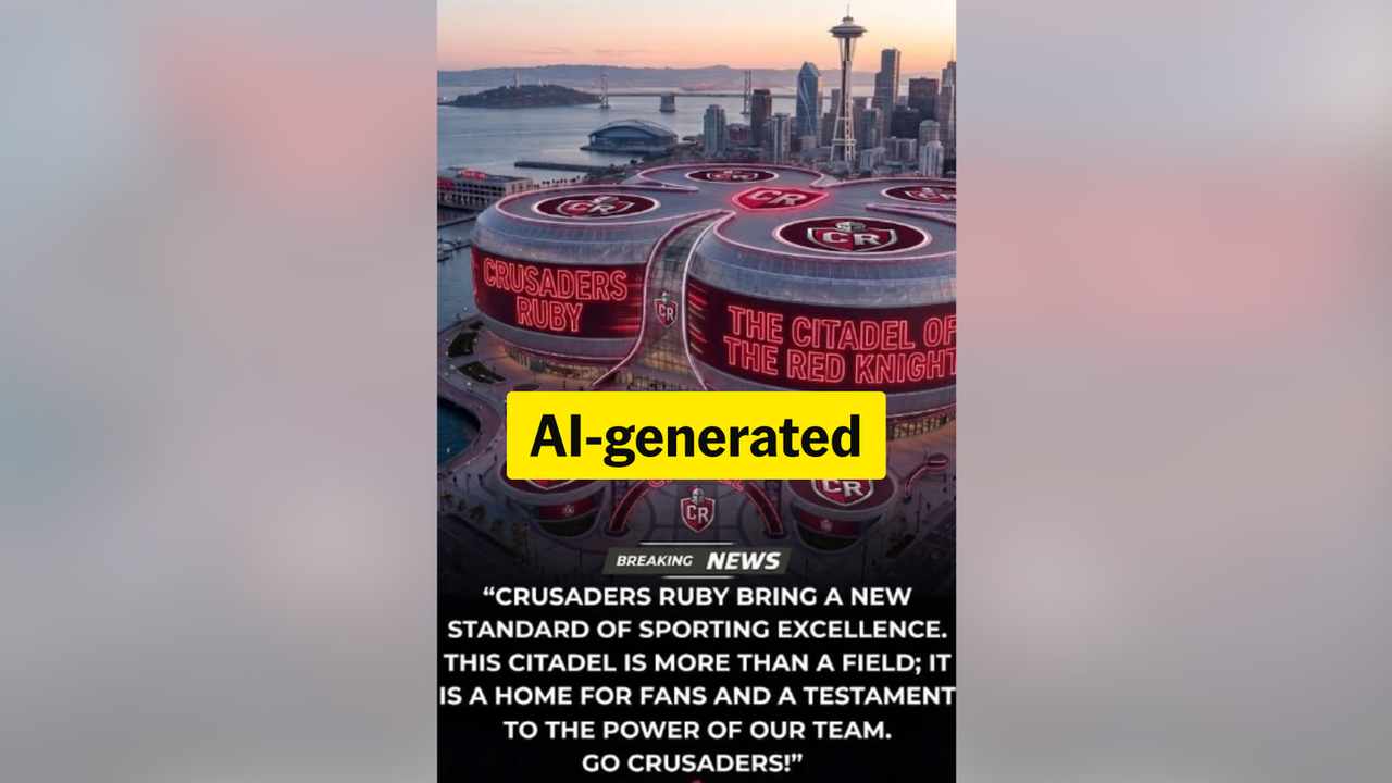 Screenshot of an AI-generated Crusaders mega-stadium in a false post