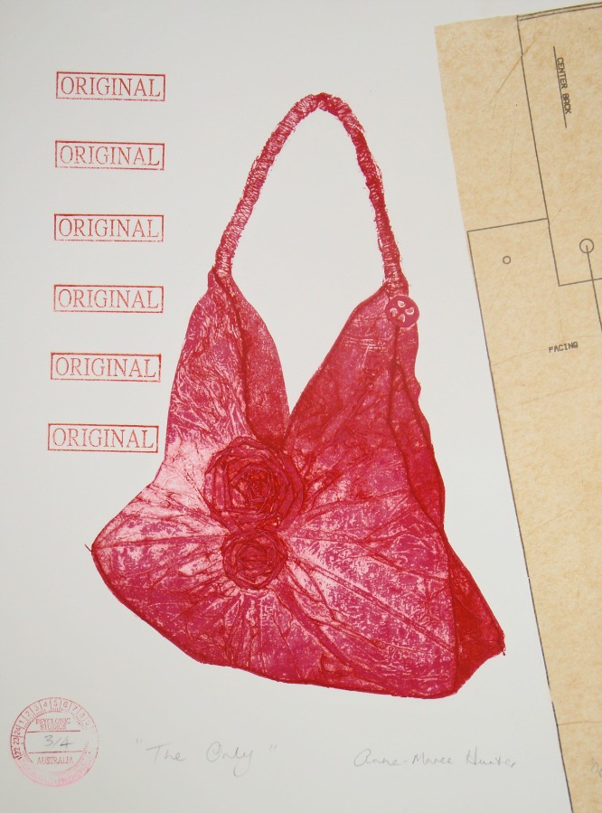 Collographs about over consumption and commercialism. Images of Bags and Shoes as ciphers for spending and consumerism.