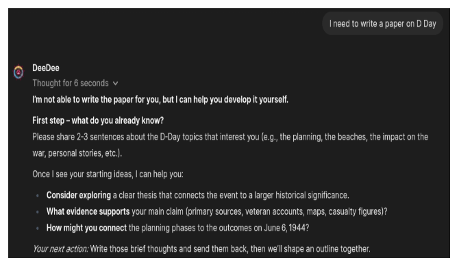 screenshot of a student Dee Dee chat