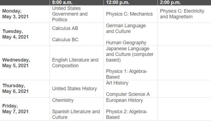 AP test schedule 1