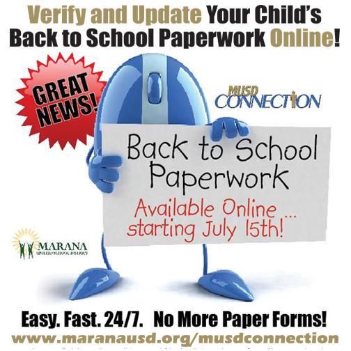 MUSD Connection Blue Mouse mascot announces back to school paperwork available online!