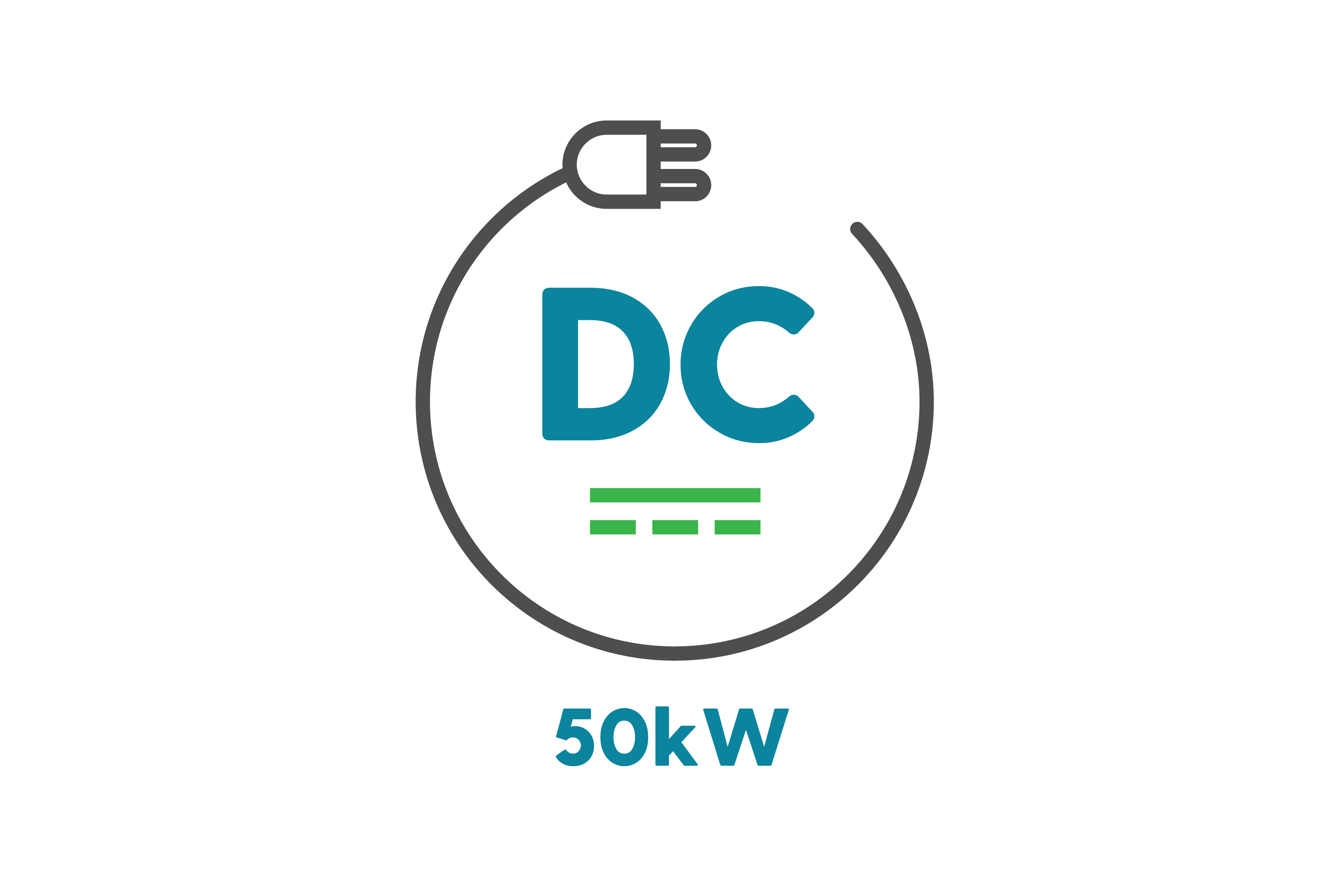 A graphic showing 'DC' with a plug wrapped around it while '50kW' is placed underneath it