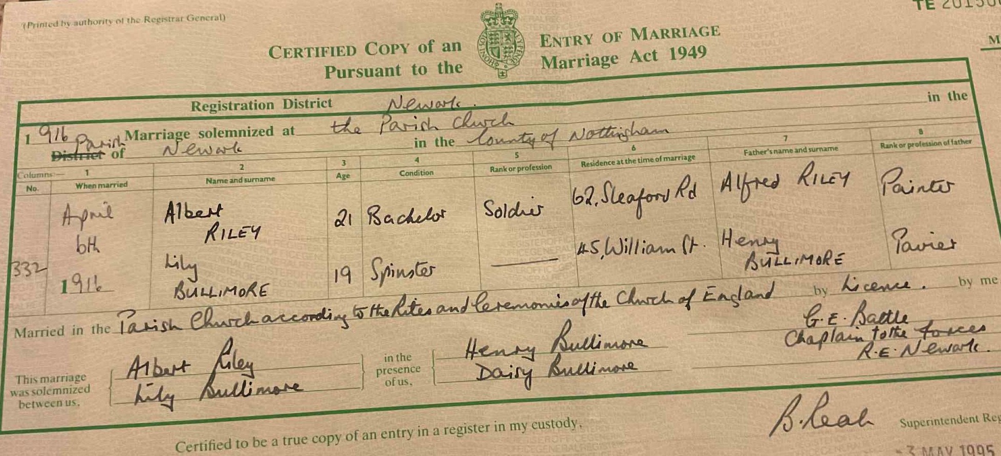 A picture of Albert and Lily's marriage certificate.