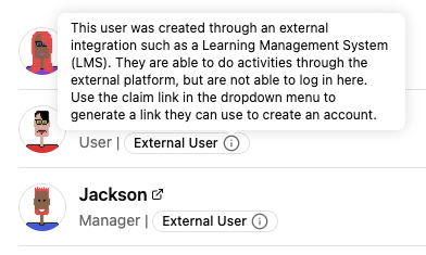 External User badge shown on user profiles with tooltip explaining the account was created through an external integration