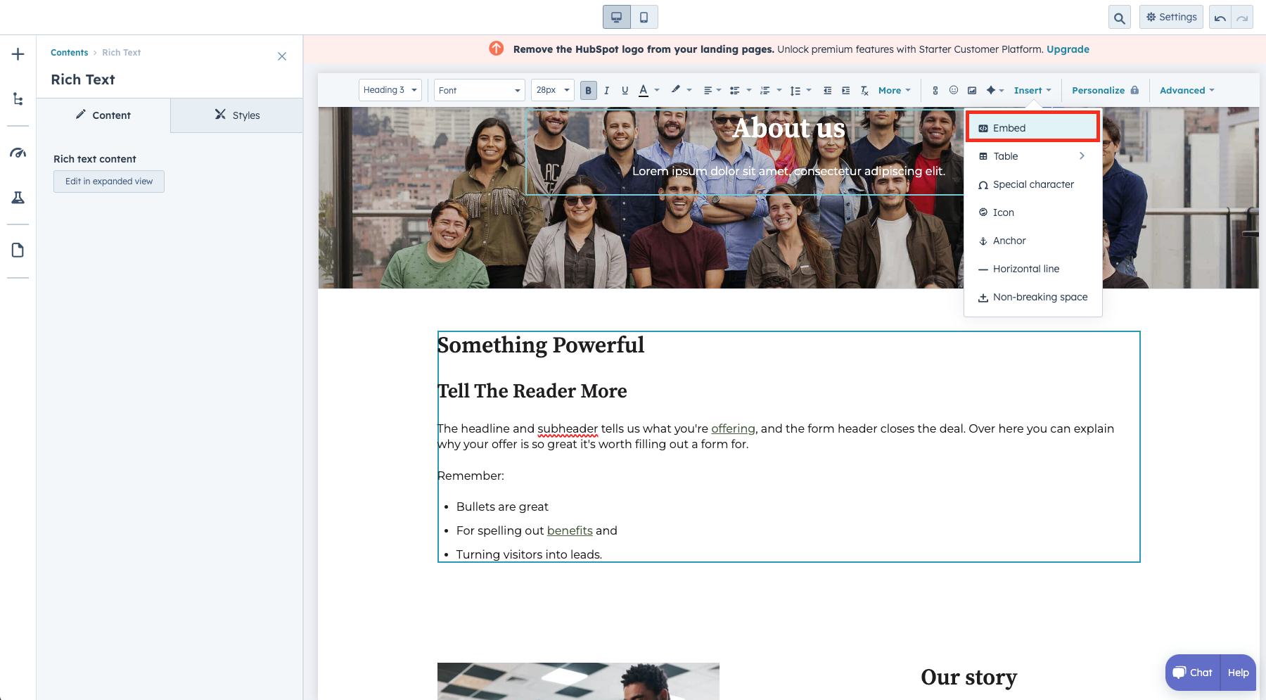 Accessing embed options in HubSpot