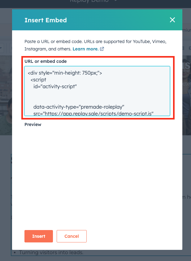 Adding Replay embed code to HubSpot