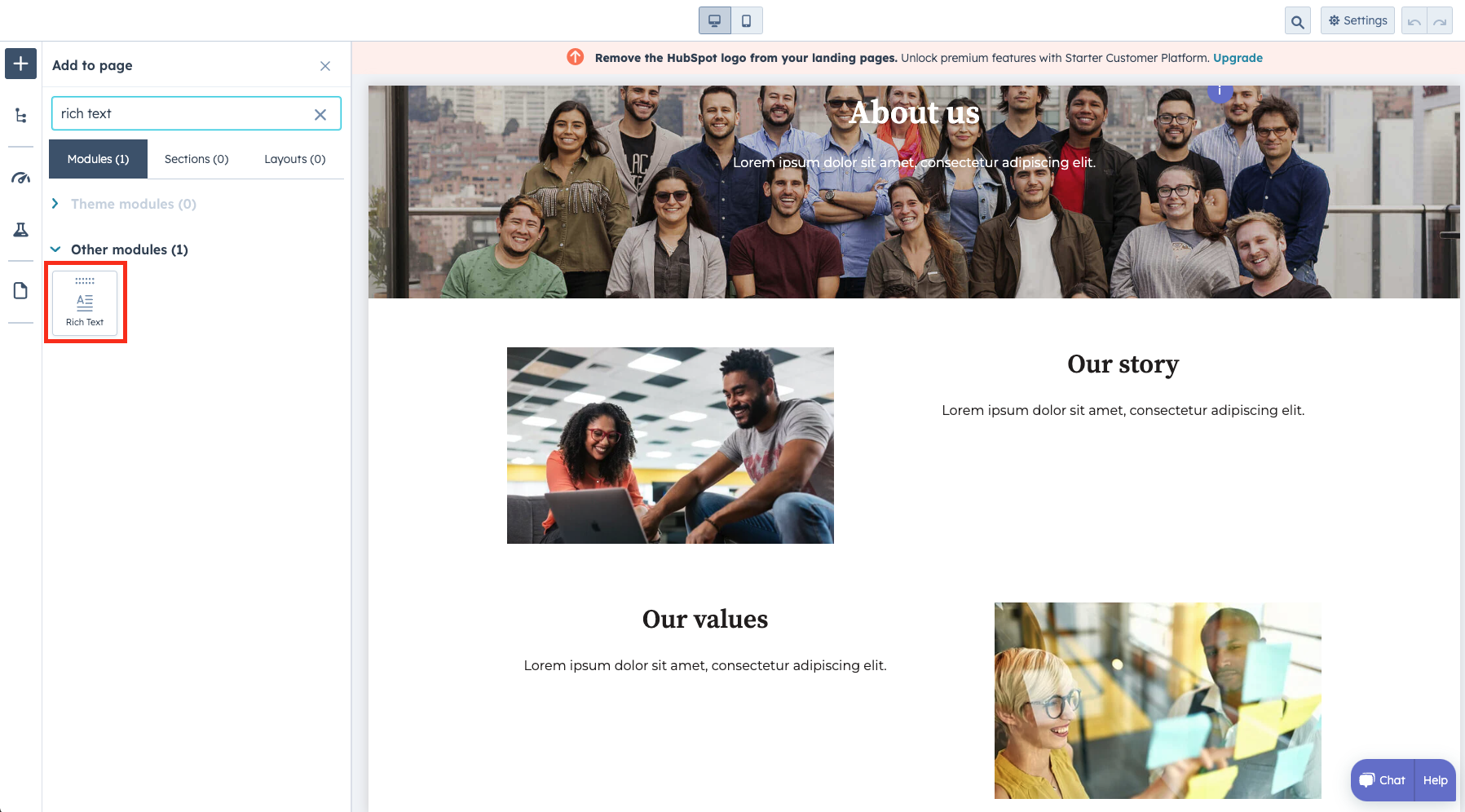 Adding a Rich Text component in HubSpot