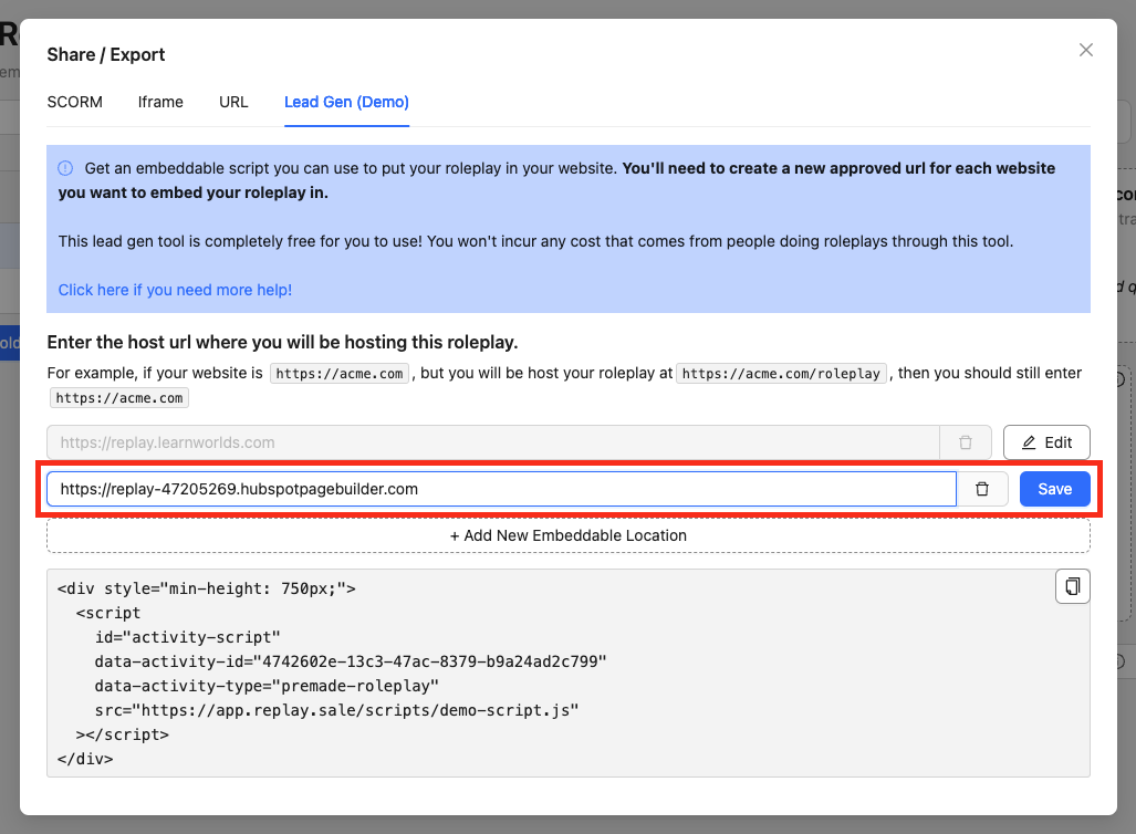 Insert the copied URL to the 'Host URLs' page on Replay