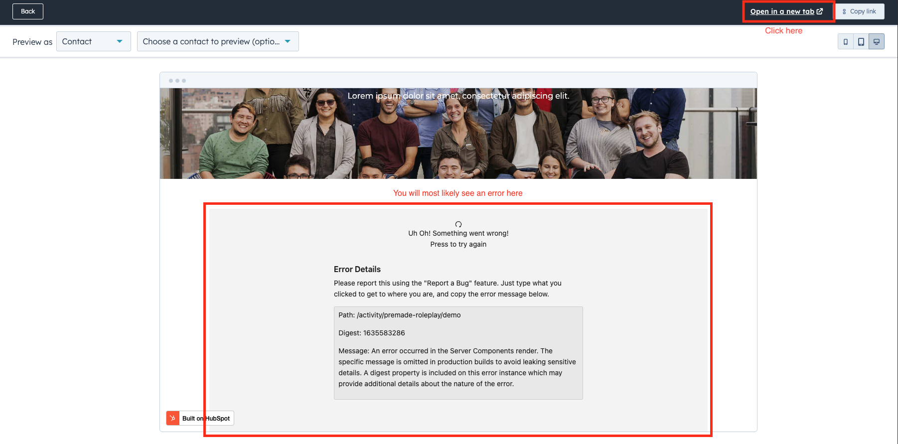 Initial preview will show error
