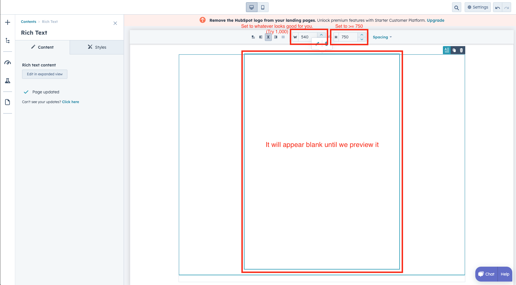 Setting component dimensions in HubSpot
