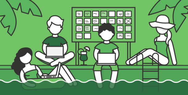Illustration of a team around a pool with laptops, sticky notes, and a white board.
