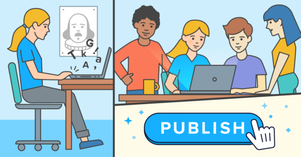 Illustration of a woman typing and a team publishing.