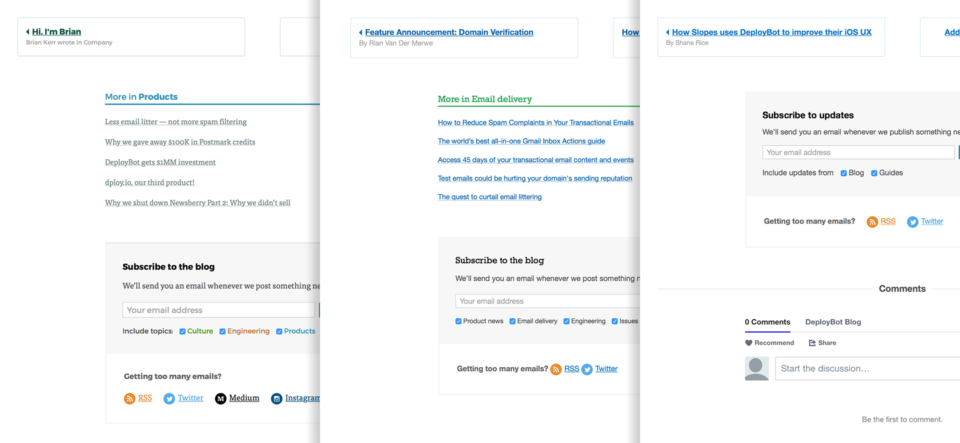 Shared elements between Wildbit, Postmark, and DeployBot blogs