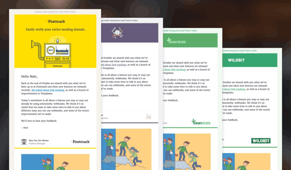 Email template previews for each of the Wildbit products.