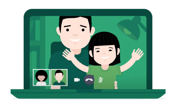 An illustration of a group video chat with a small child sitting on her dad's lap and waving hello to everyone.