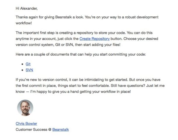 Sample onboarding email from Beanstalk