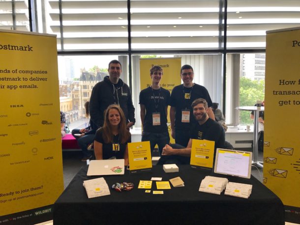 A photo of the team at the Postmark booth at Lead Developer Conference in London.