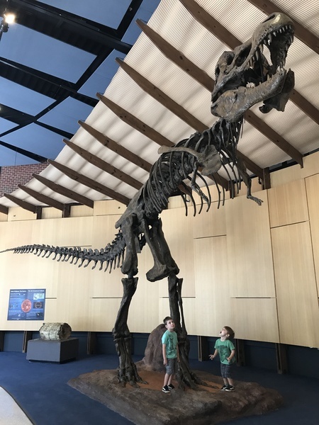 Photo of Jeremy's kids under a skeleton of a Tyrannasaurus Rex