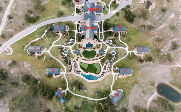 A bird's eye view of the facilities and individual cabins.