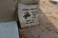 An image of a stone with a warning to stay on the paths and watch out for snakes.