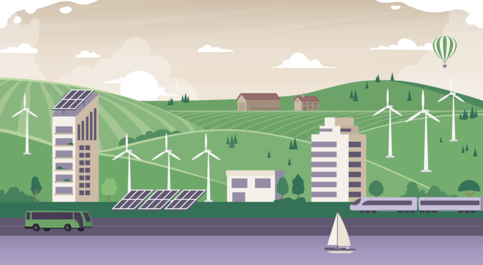 An illustrated scene showing wind farms on green hills, solar panels, and buses.