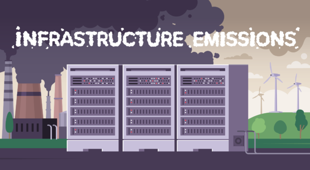 Illustration showing three server racks in front of a coal power plant and wind farms.