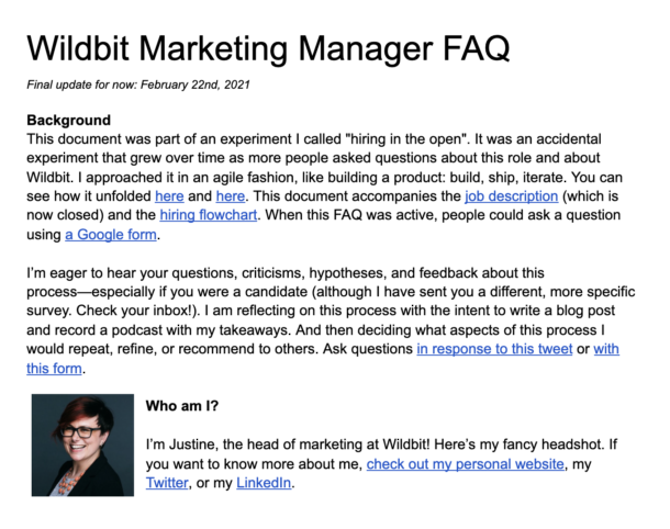 A screenshot of the top half of the first page of the Marketing Manager FAQ. The screenshot shows the introduction and background for why the FAQ exists.