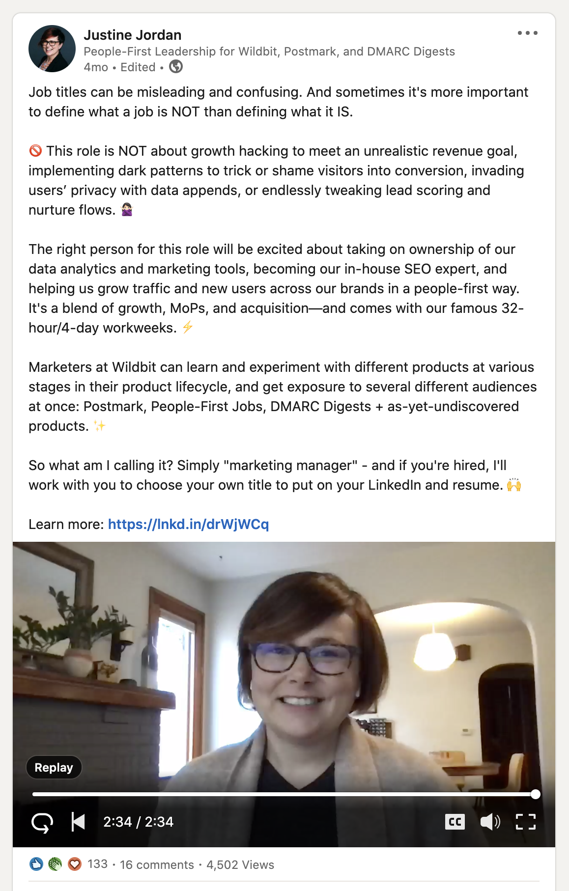 A screenshot of a post from Justine's LinkedIn feed. The post contains a description of the role, defines what the role is not, and commits to flexibility in the job title for the person who is hired. There is also a still from a video that shows Justine smiling at the camera.