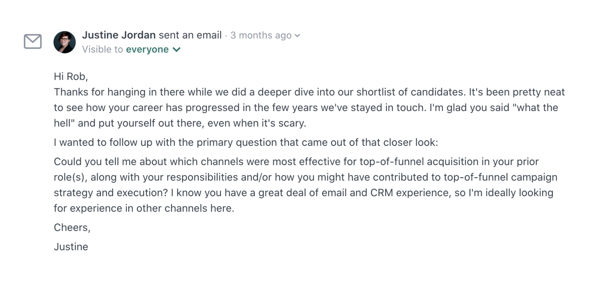 A screenshot of Justine's email to Rob, which asked him to provide further details about his top-of-funnel marketing experience.