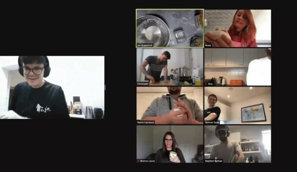 Members of the Doist team learn to make Udon on a video call