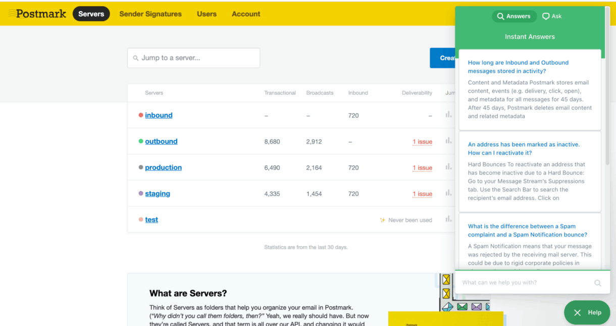 Our help tool on Postmark's website