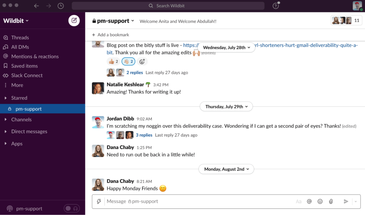 Our support team channel in Slack