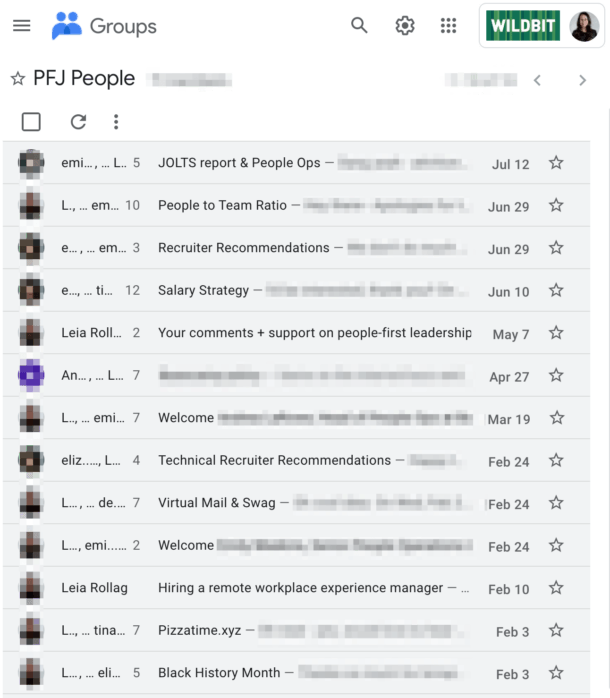 A screenshot of email conversations between folks at different companies included on People-First Jobs.