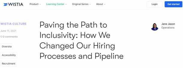 Screenshot of an article about inclusive hiring from the Wistia blog