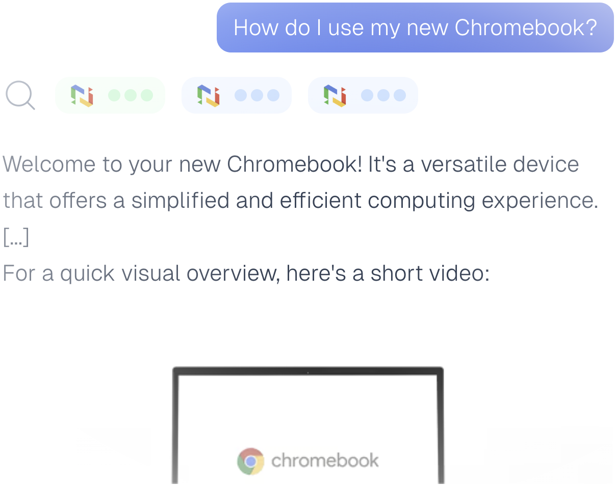 Une conversation avec notre assistant IA où l’utilisateur demande comment utiliser son nouveau Chromebook, et où l’IA lui fournit un résumé ainsi qu’une vidéo réalisée par Numericoach sur les bases de ChromeOS.