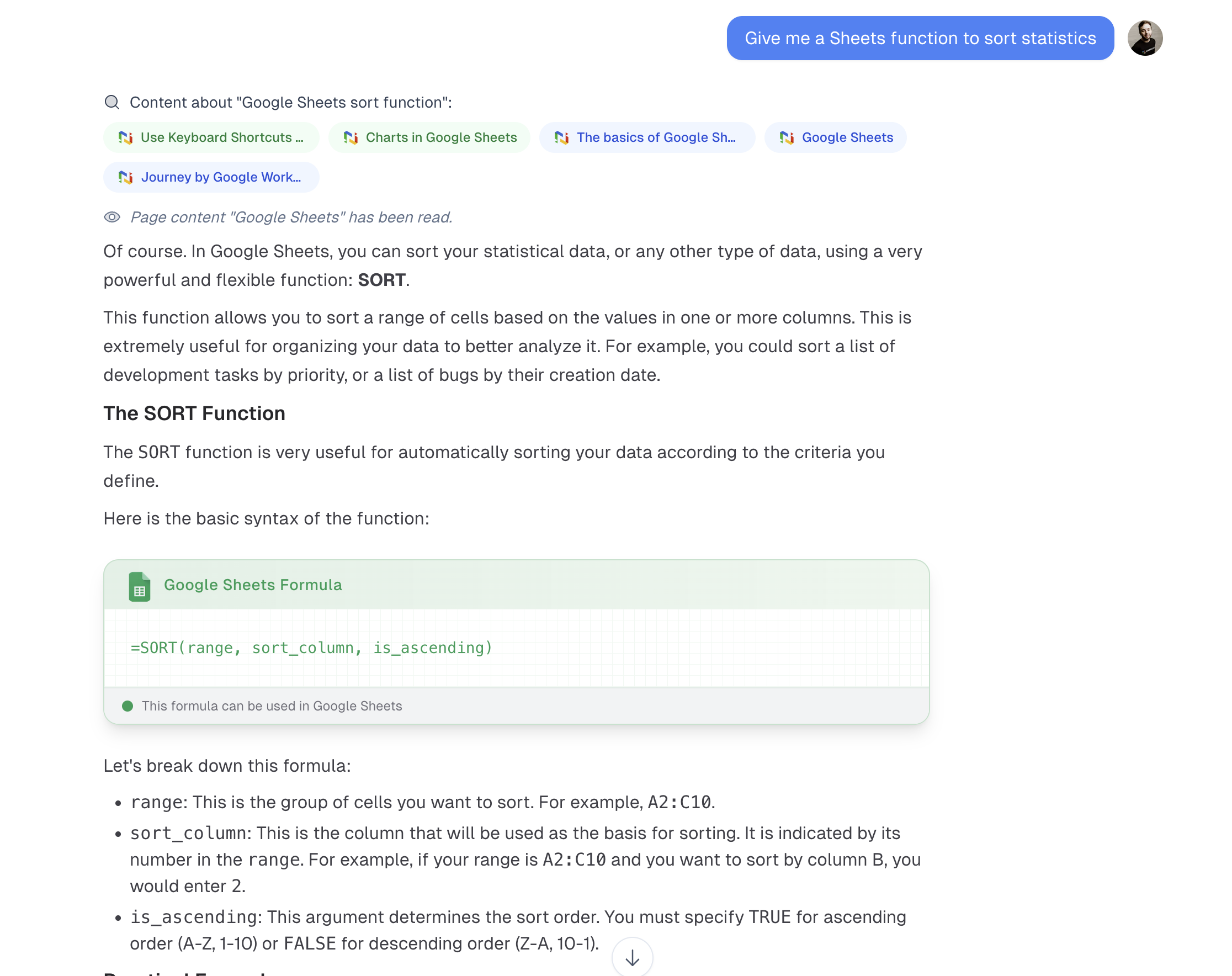 Une conversation avec l'assistant IA GSkills montrant comment utiliser les formules Google Sheets. L'exemple reprends du contenu de GSkills et adapte la réponse par rapport au métier de l'utilisateur (développeur dans ce cas)