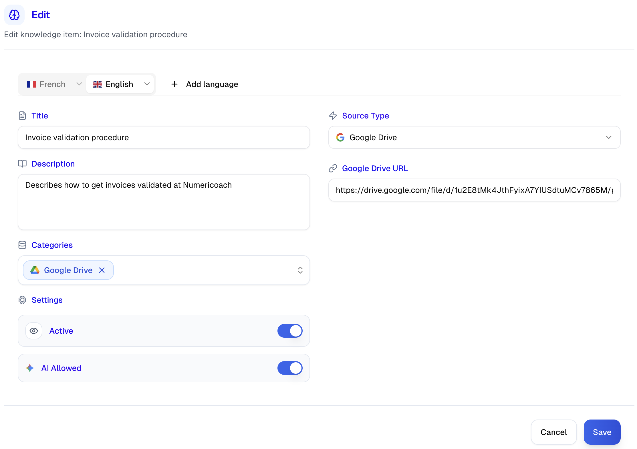 Ressource pointant vers un Google Doc interne “Procédure validation facture” et une capsule vidéo Numericoach