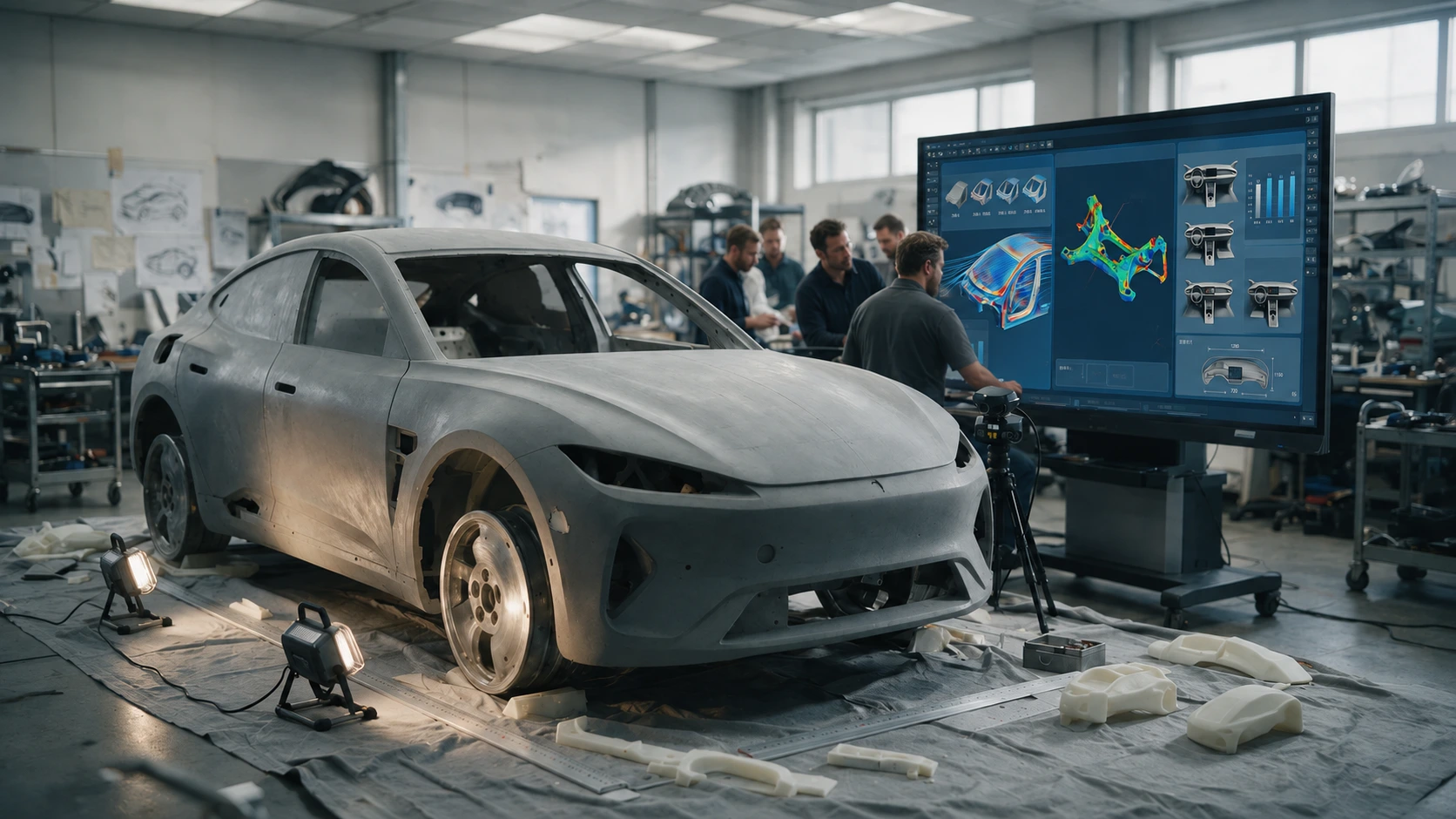 Automotive engineers reviewing an AI-generated vehicle design simulation on screen