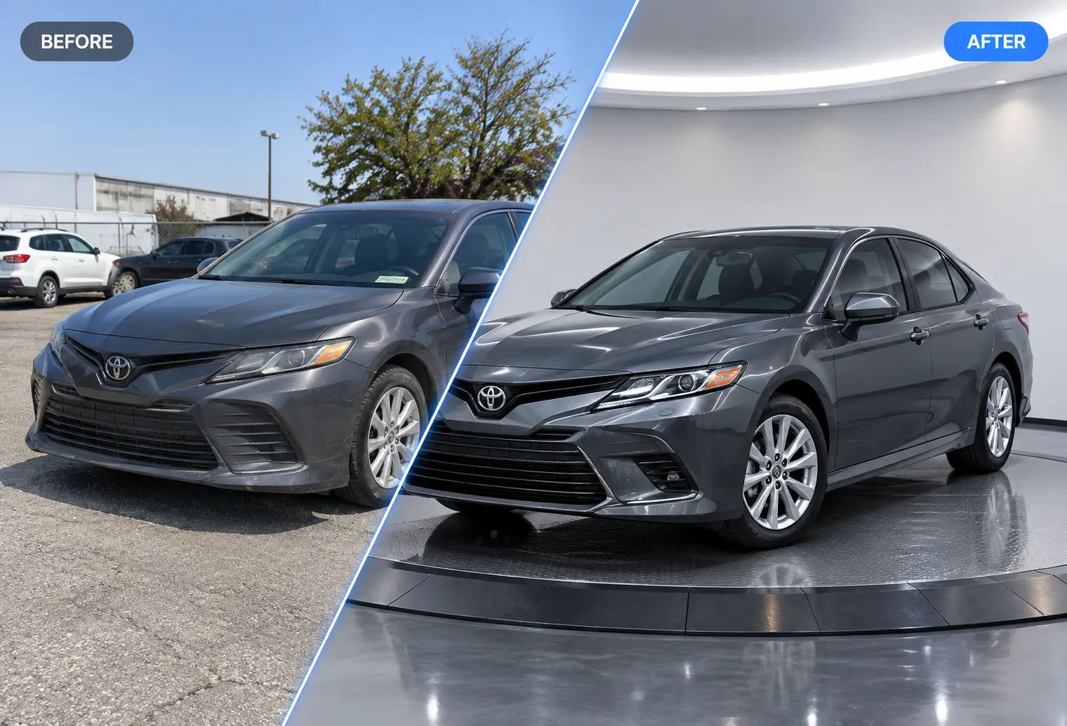 AI-Powered car photography software before and after — raw lot photo next to the same vehicle after AI processing on a clean background