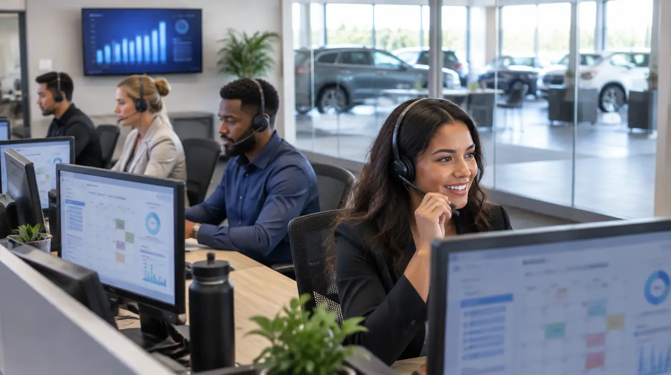 BDC dealership lead management: agents in headsets handle calls and leads at a dealership BDC overlooking the showroom