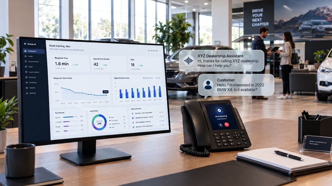 Dealership staff using AI tools to answer customer calls and messages.