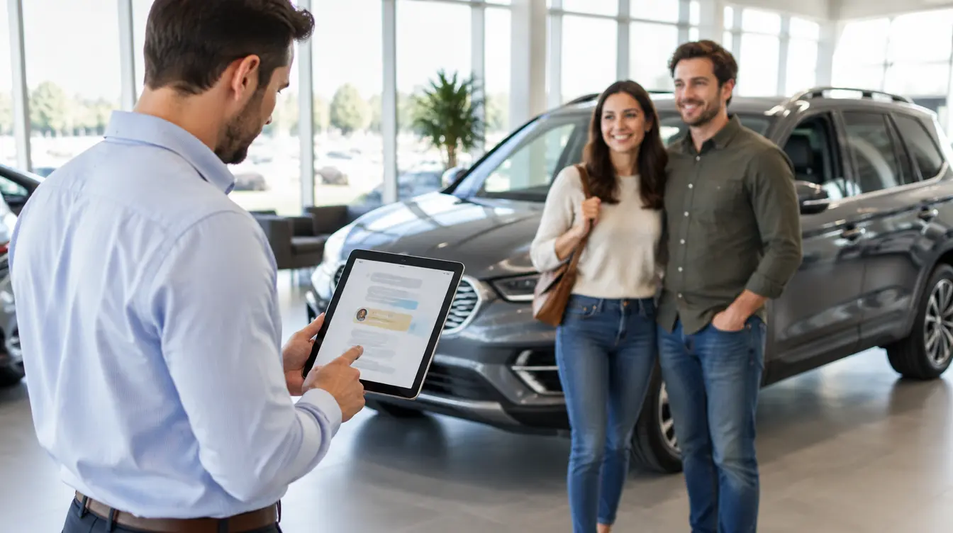 Lead hand-off in the showroom: a salesperson reads the shoppers’ conversation summary on a tablet as a couple waits by their SUV