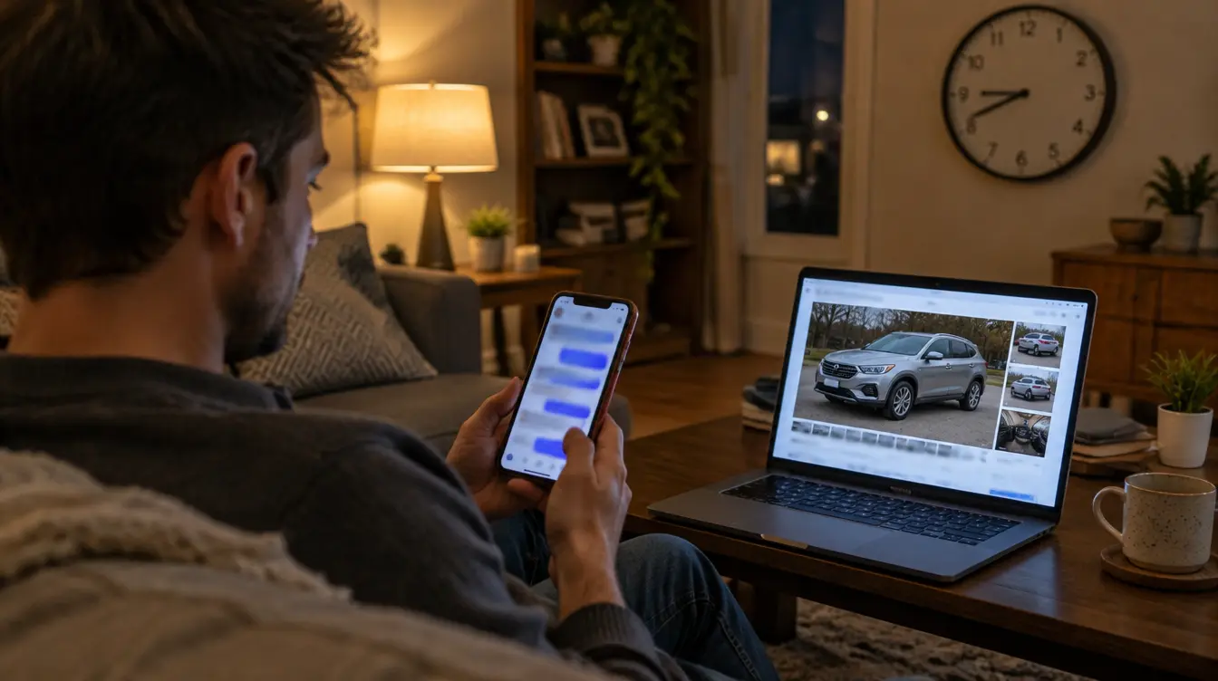 After-hours internet lead: a car shopper on the couch at night texts a dealership about the SUV listing open on a laptop