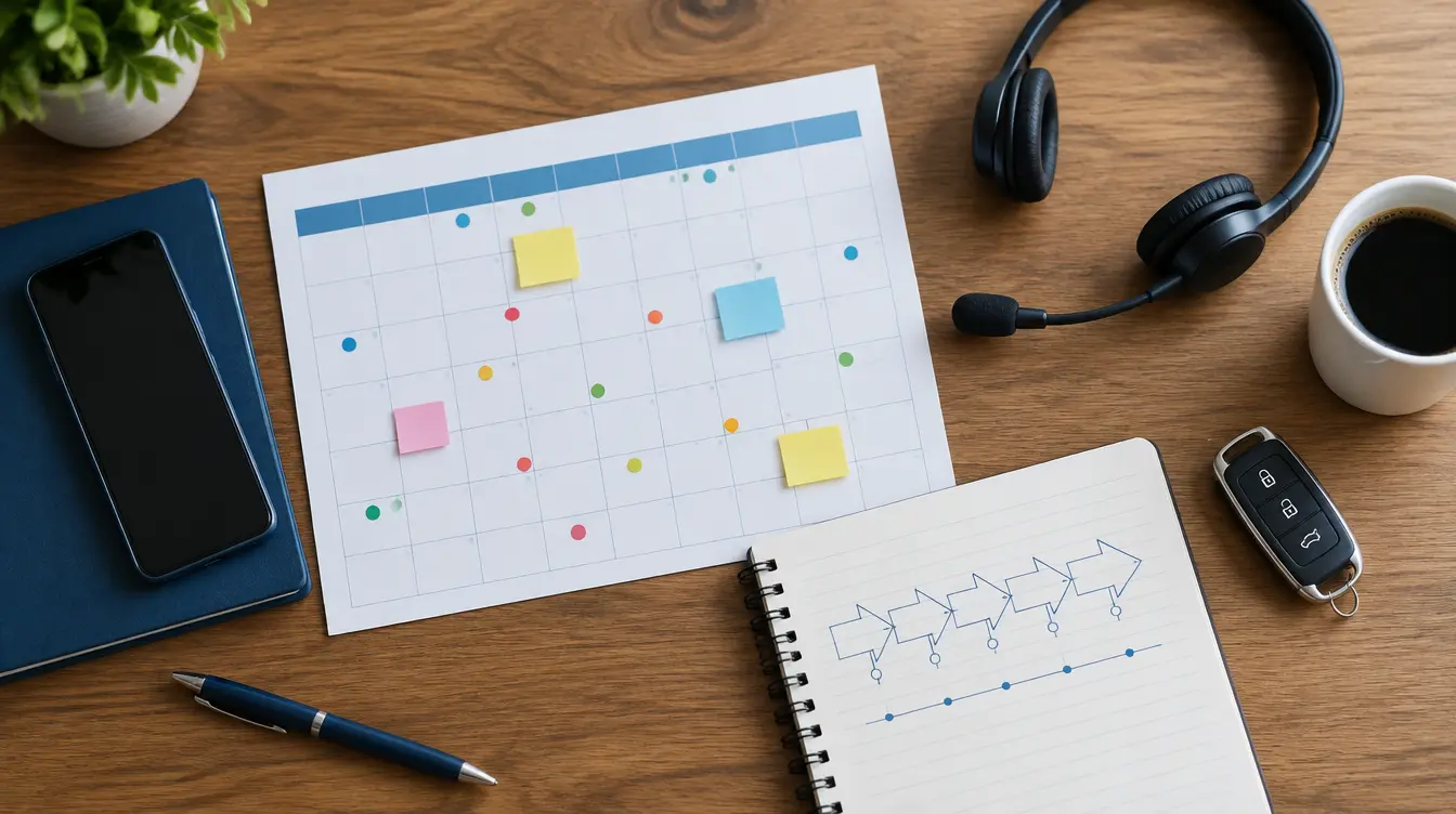 90-day lead follow-up plan: a desk calendar with colored notes, a sales headset, a phone, car keys and a notebook sketching a follow-up sequence
