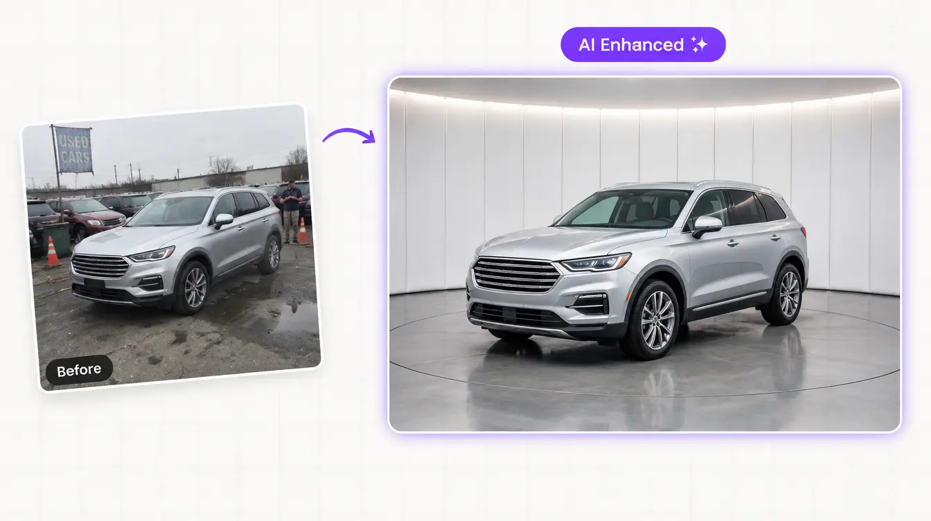 AI-powered 360 car photography before and after: a used SUV shot on a wet lot, then AI-enhanced in a clean virtual showroom